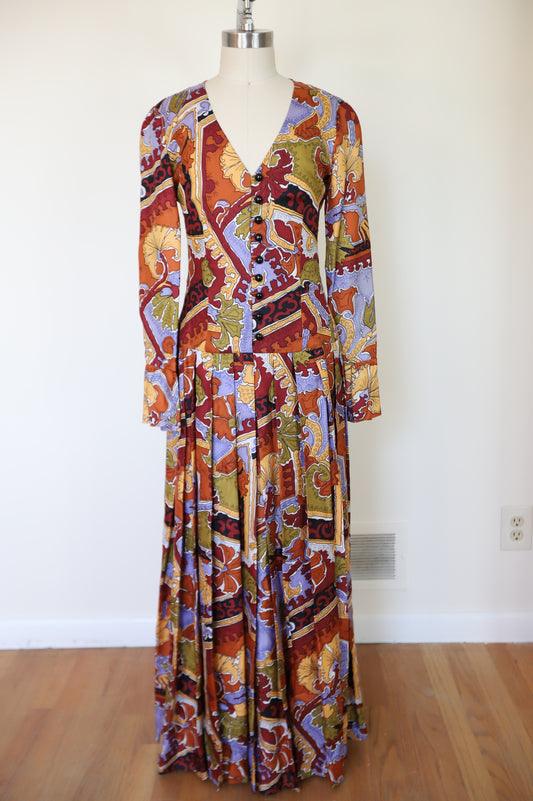 1970s Custom Made Printed Button Down Drop Waist Silk Dress