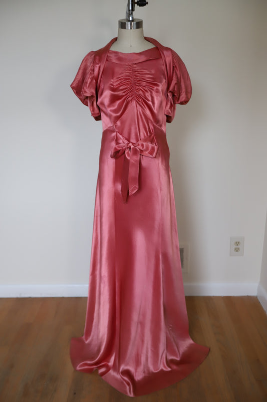 1930s/1940s Satin Puff Sleeve Gown