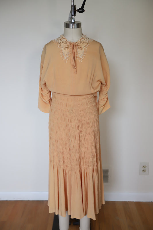 1930s Micro Smocked Waist Rayon Bodice Lace Dress with Crochet Neck (rare)