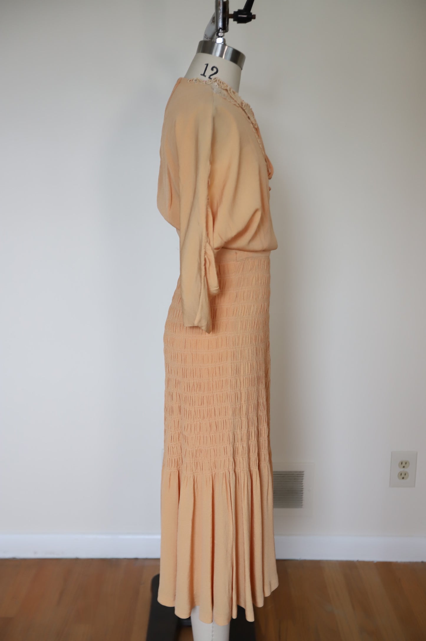 1930s Micro Smocked Waist Rayon Bodice Lace Dress with Crochet Neck (rare)