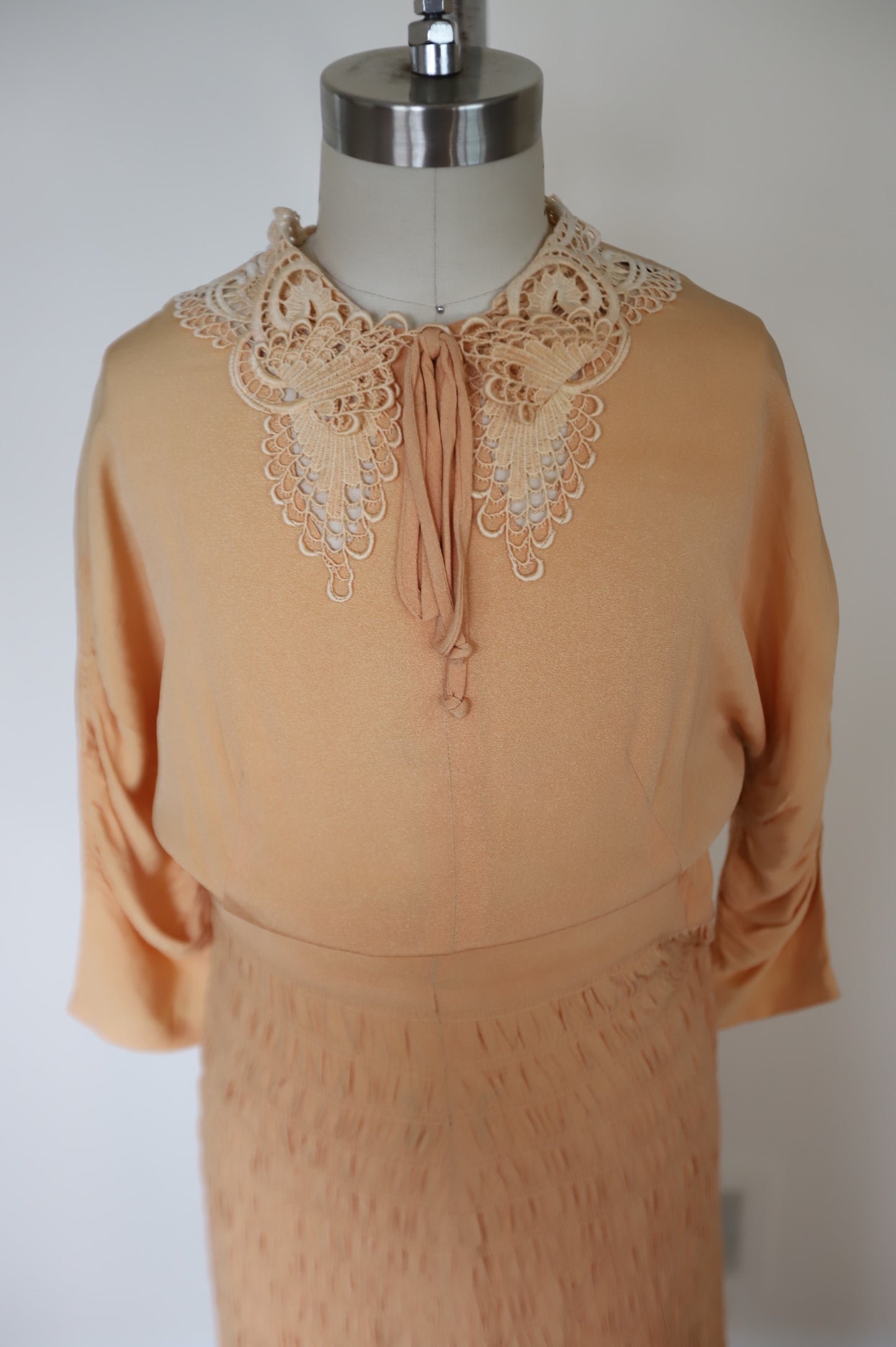 1930s Micro Smocked Waist Rayon Bodice Lace Dress with Crochet Neck (rare)