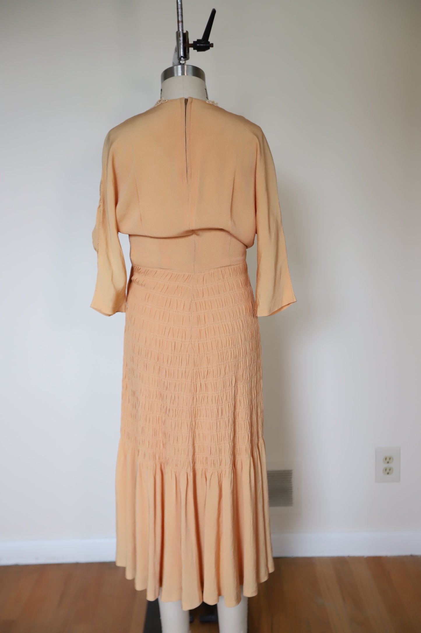 1930s Micro Smocked Waist Rayon Bodice Lace Dress with Crochet Neck (rare)