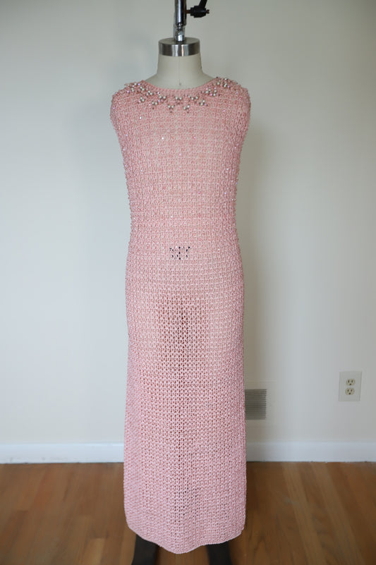 1960s Made in Italy Hand Crochet Heavy Weight Pearl Beaded Cocktail Dress