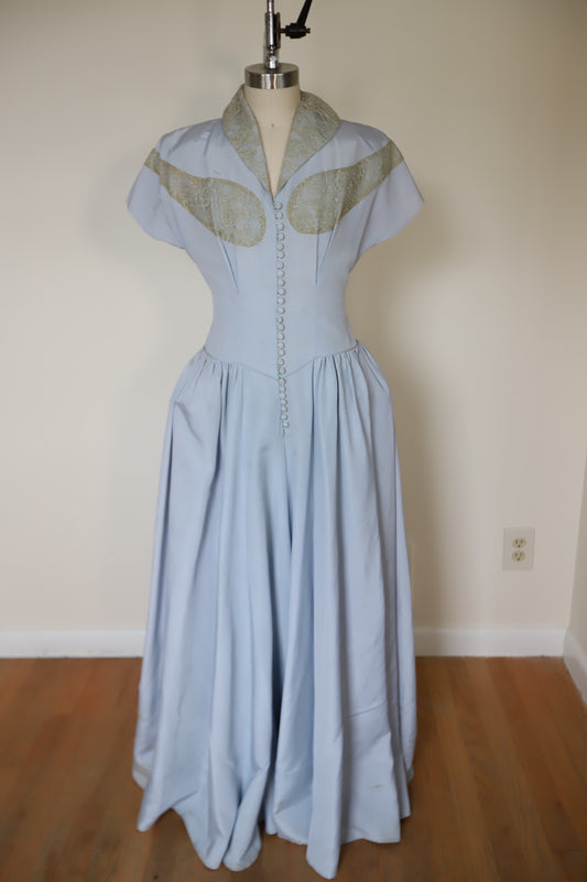 Late 1940s Early 1950s Princess Waisted Dress with Lace Detail and Panniers
