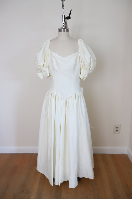 80s Drop Waist Pearl Puff Sleeve Dress