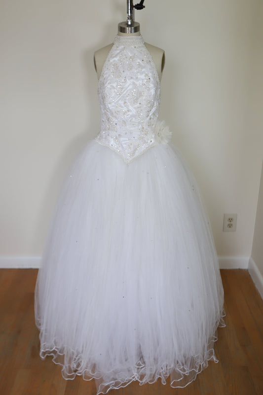 High Neck Open Back Beaded Tulle Drop Waist Bridal Gown