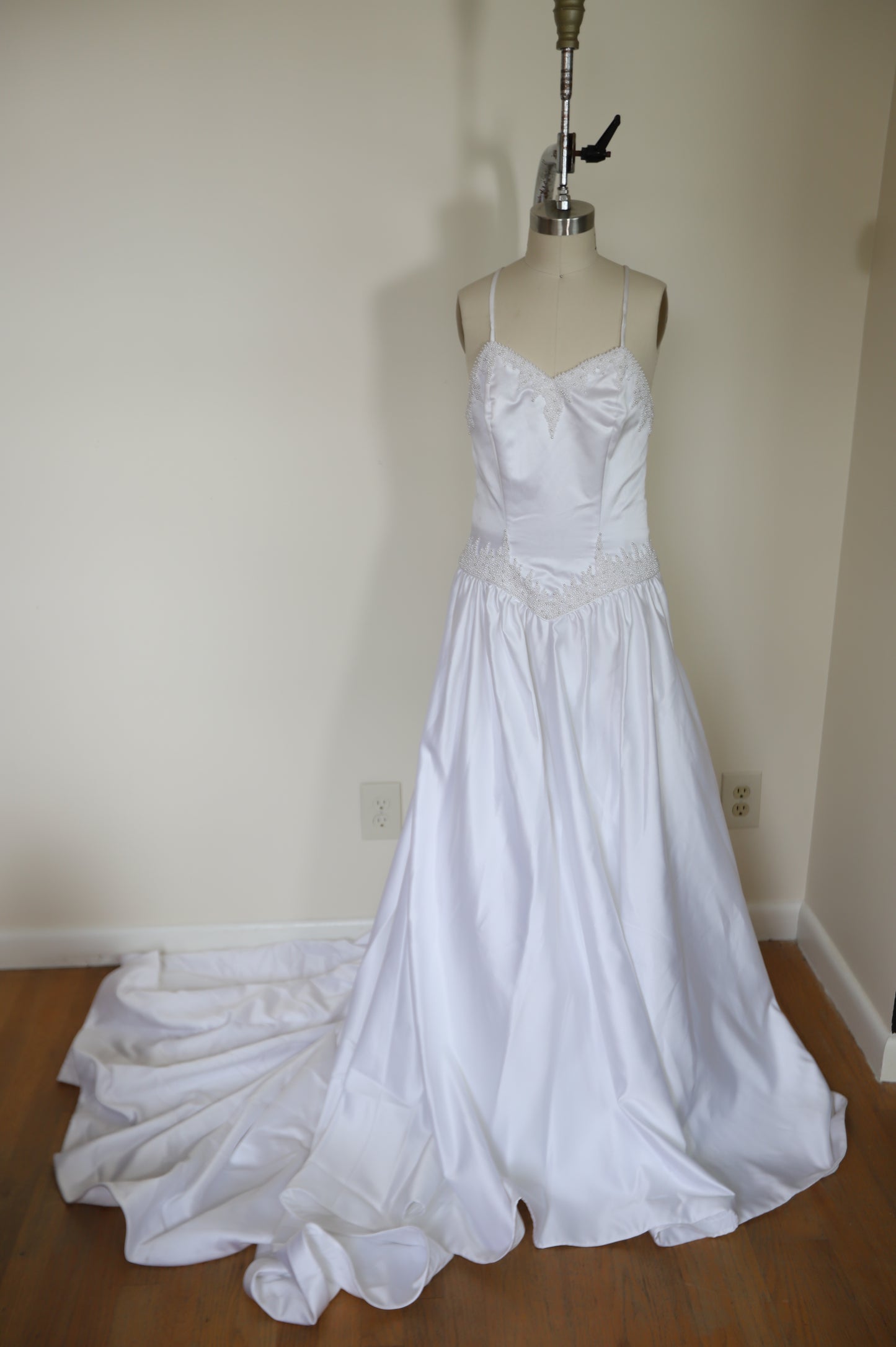 80s Pearl Beaded Basque Waist Cross Back Gown with Train