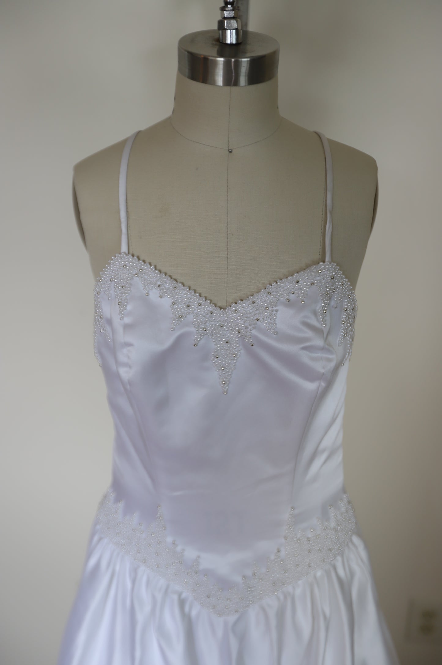 80s Pearl Beaded Basque Waist Cross Back Gown with Train