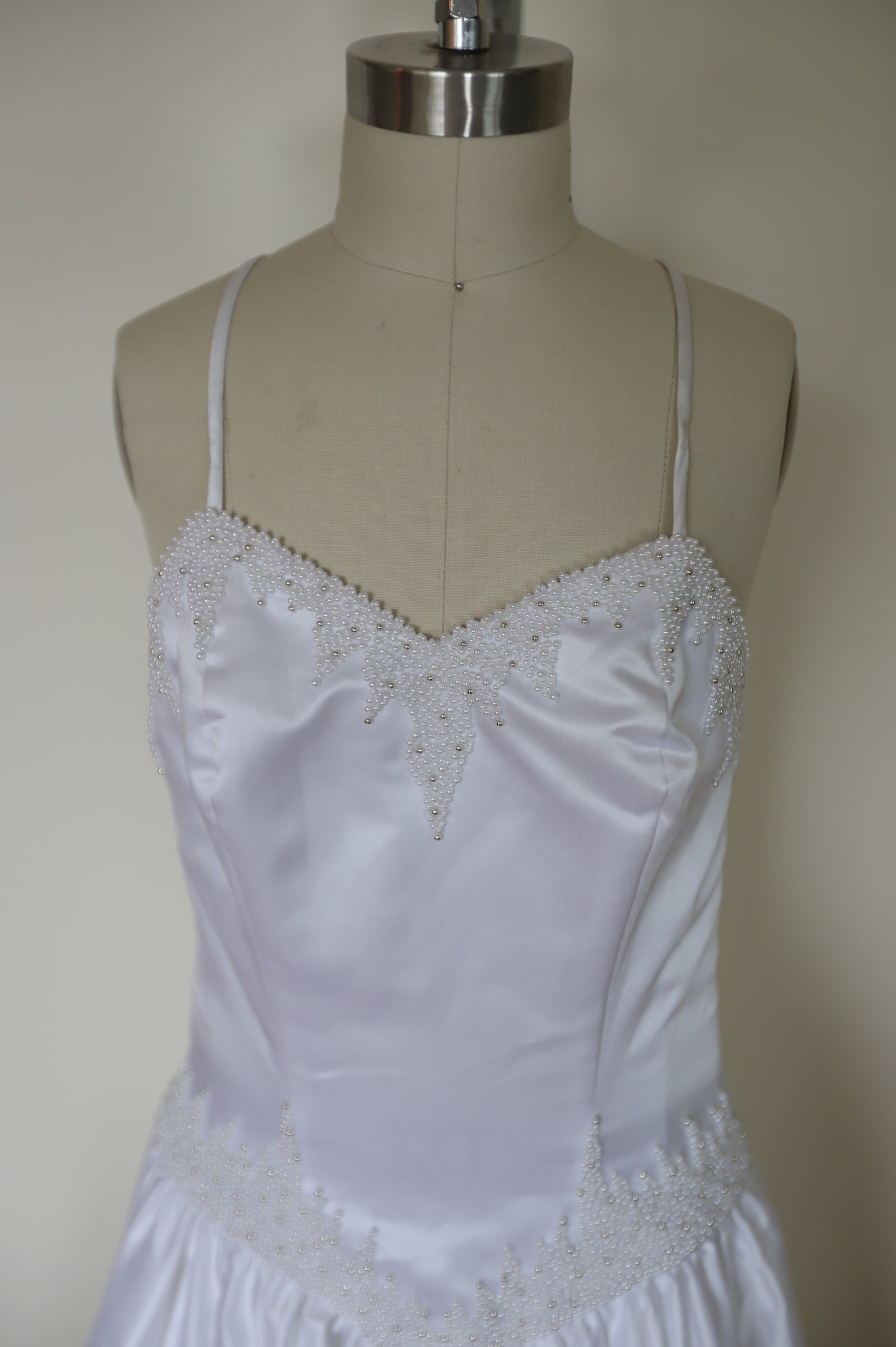 80s Pearl Beaded Basque Waist Cross Back Gown with Train