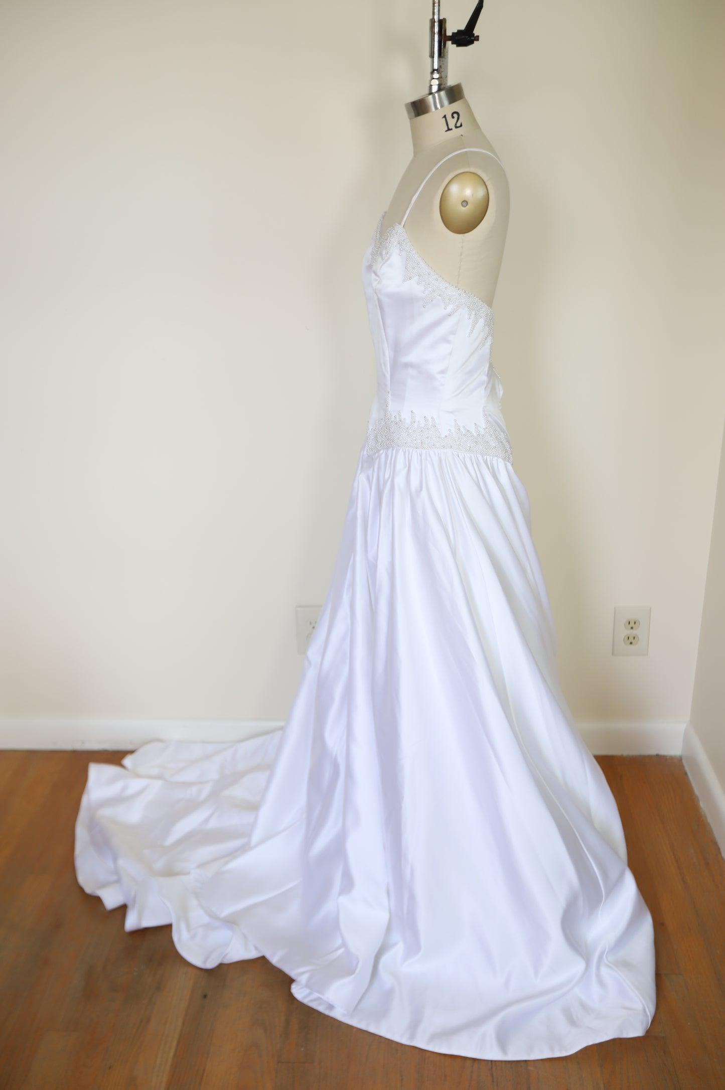 80s Pearl Beaded Basque Waist Cross Back Gown with Train