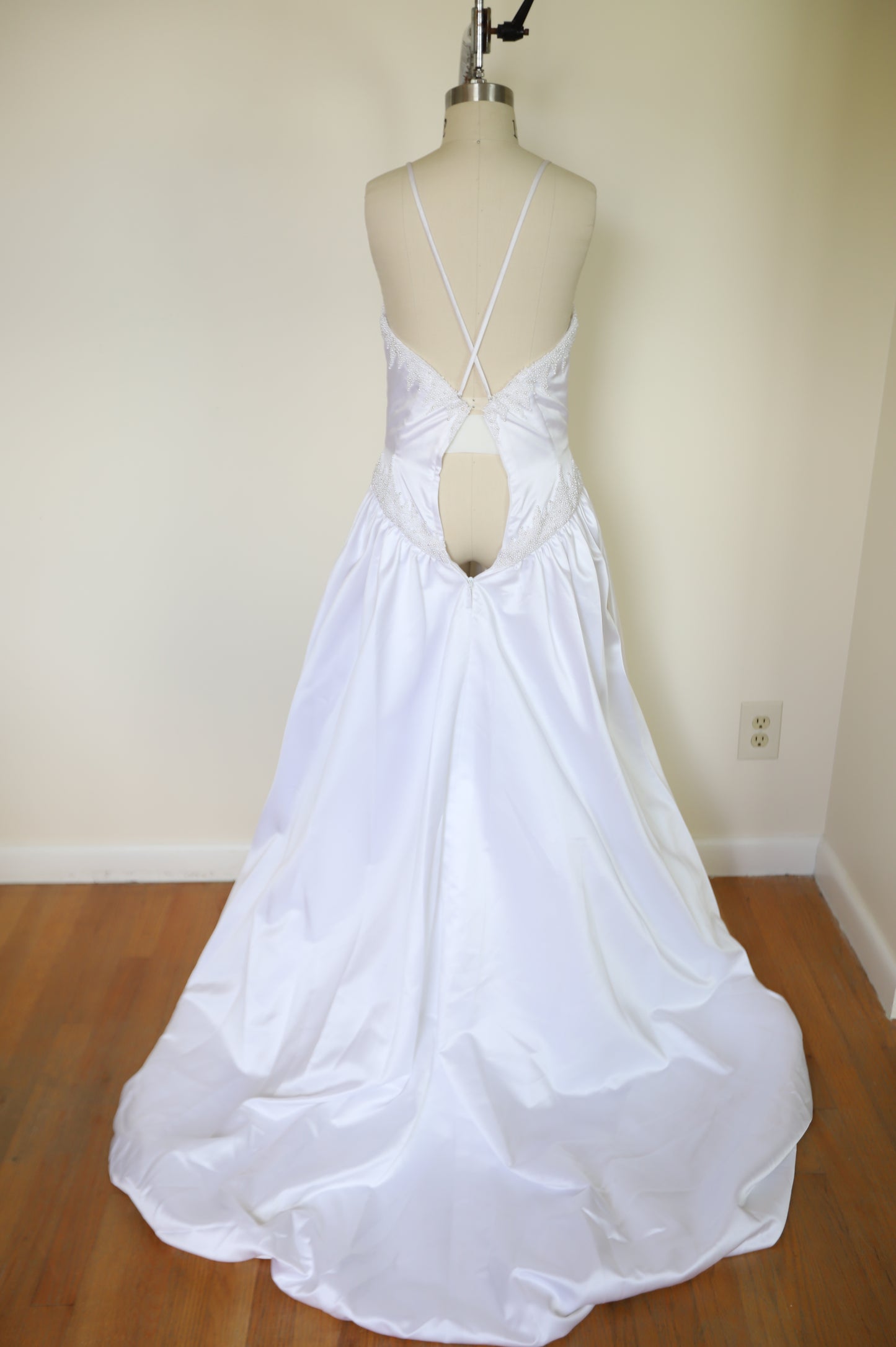 80s Pearl Beaded Basque Waist Cross Back Gown with Train