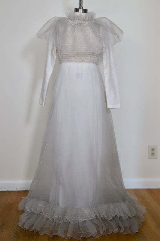 1960's Swiss Dot Pleated Ruffle Collar Prairie Dress