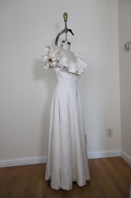 1960's Ruffle Scoop Neck A Line Gown