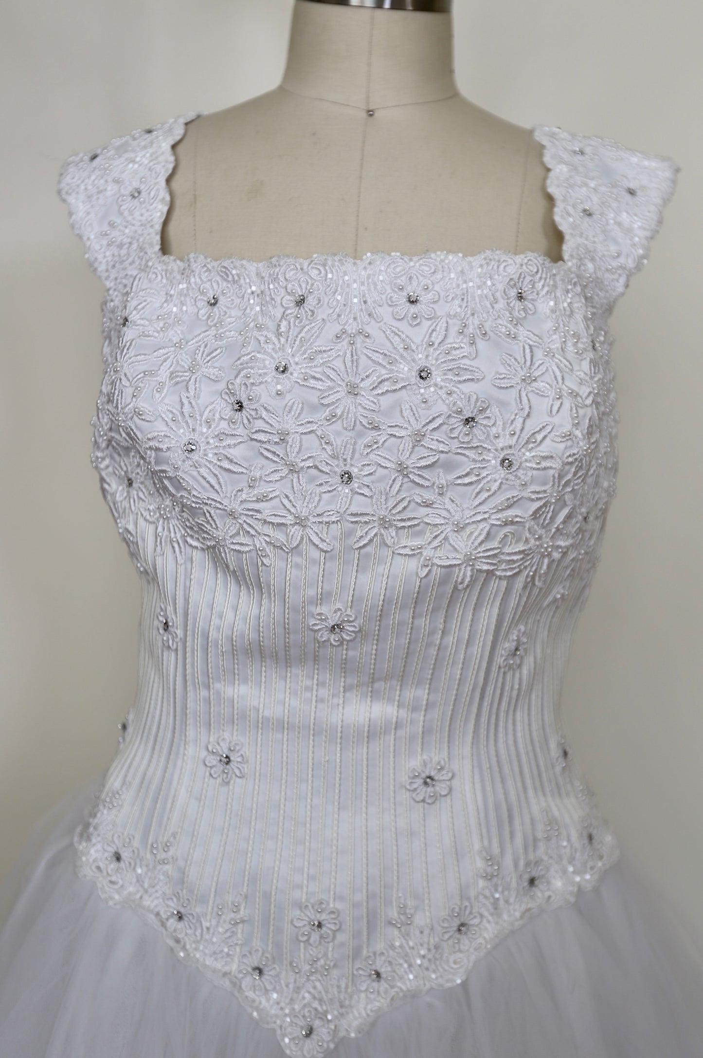 1990's Basque Waist Embroidered Corset Tulle Gown