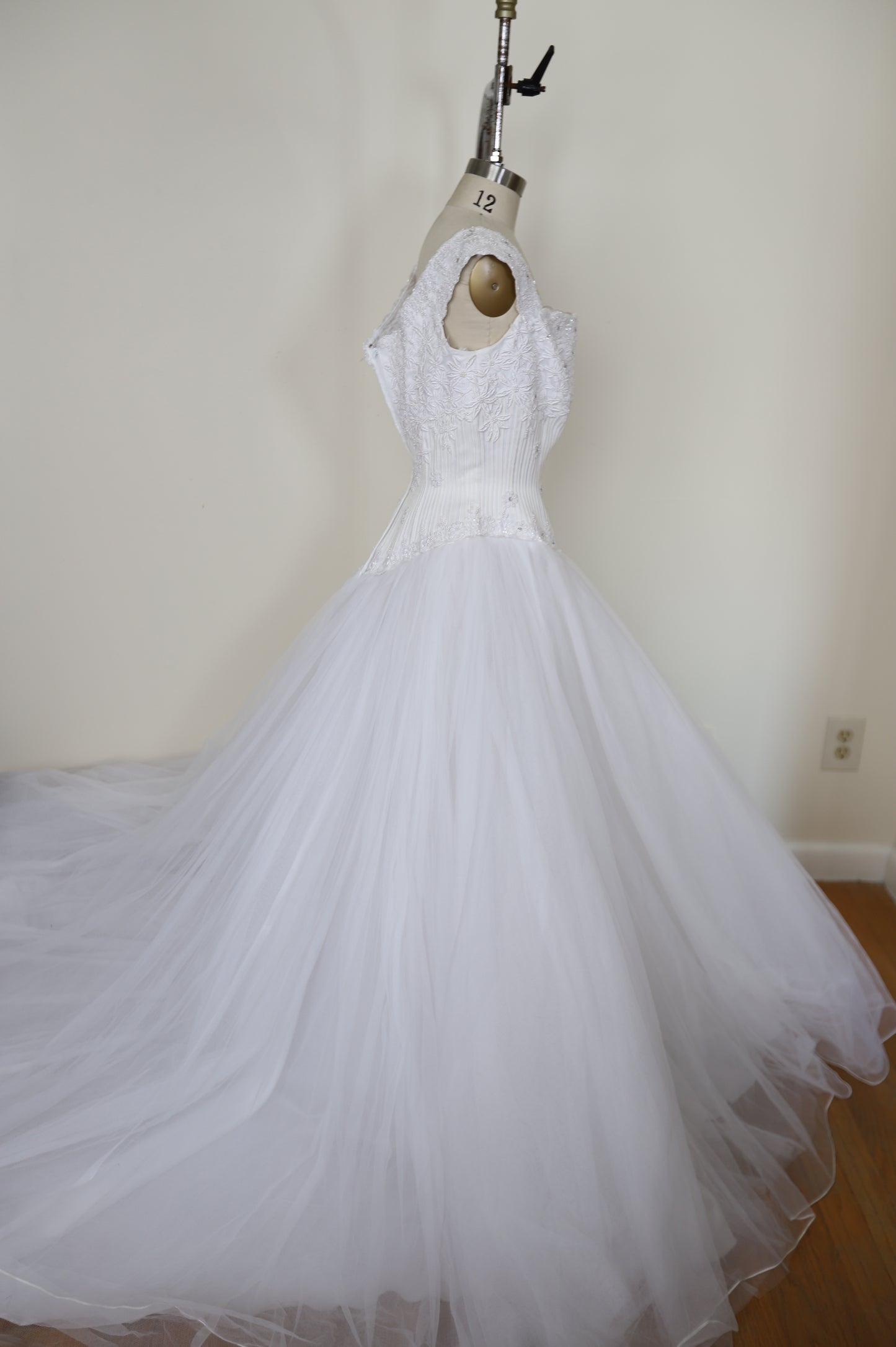 1990's Basque Waist Embroidered Corset Tulle Gown