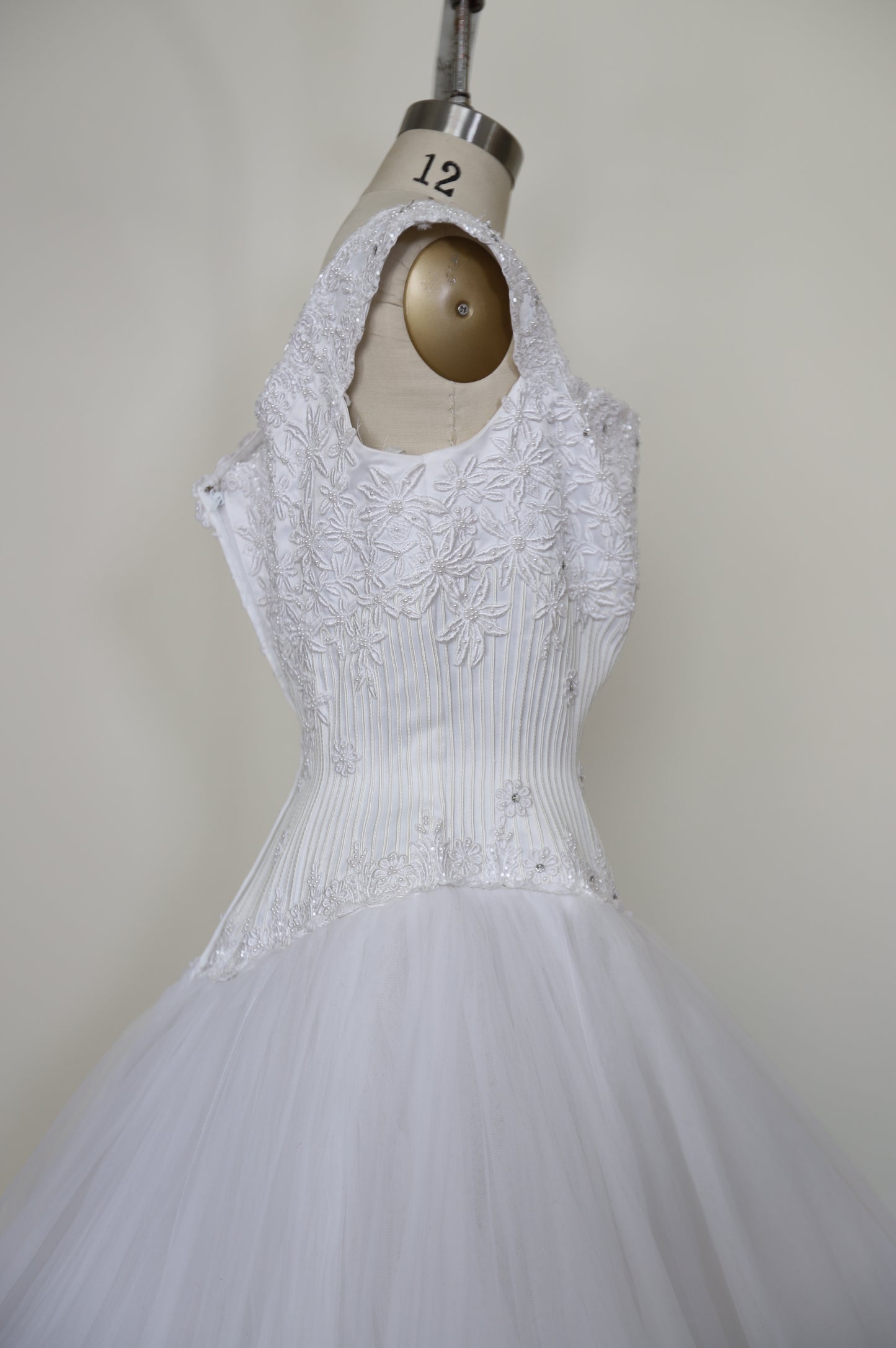 1990's Basque Waist Embroidered Corset Tulle Gown