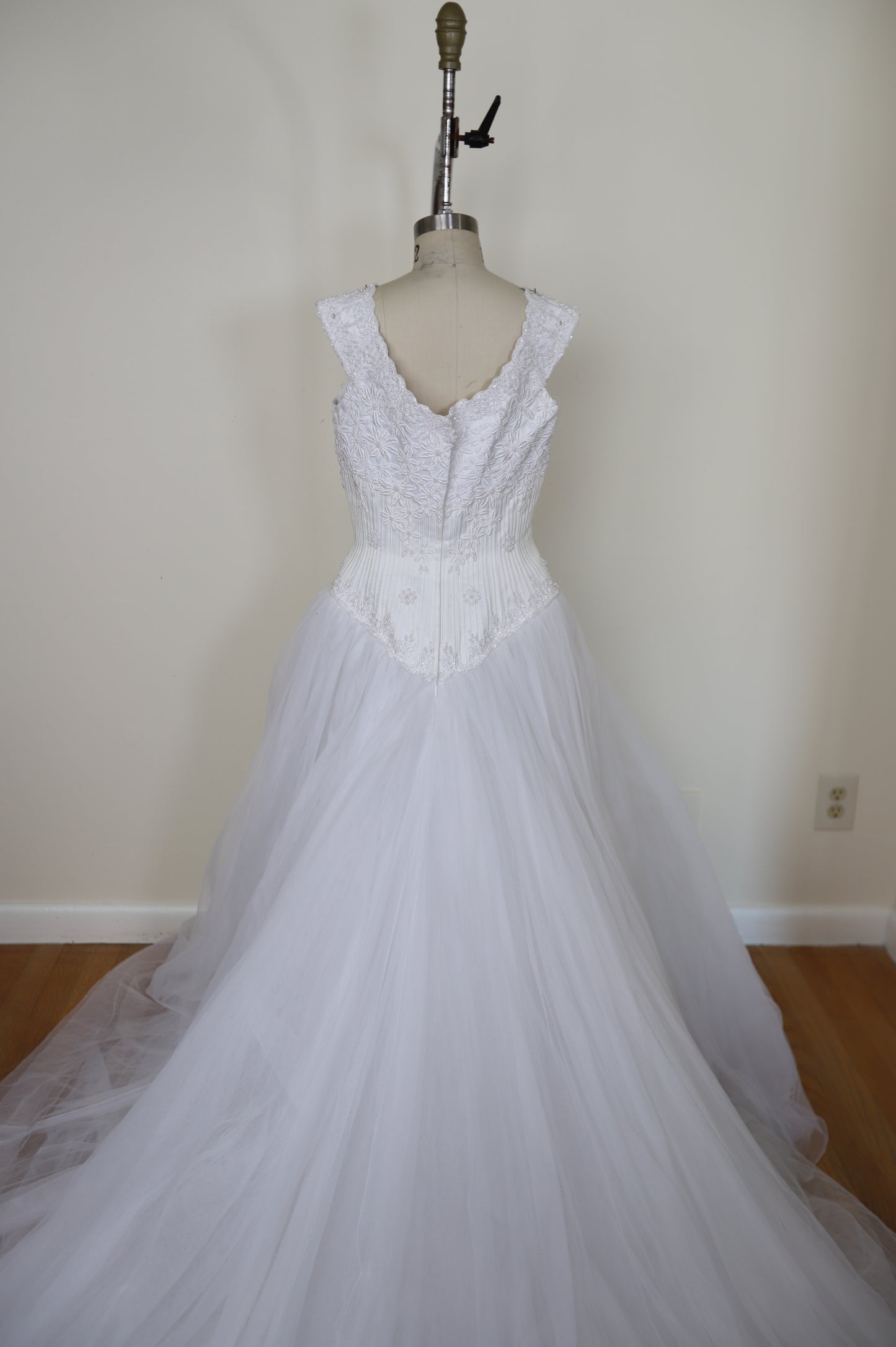 1990's Basque Waist Embroidered Corset Tulle Gown