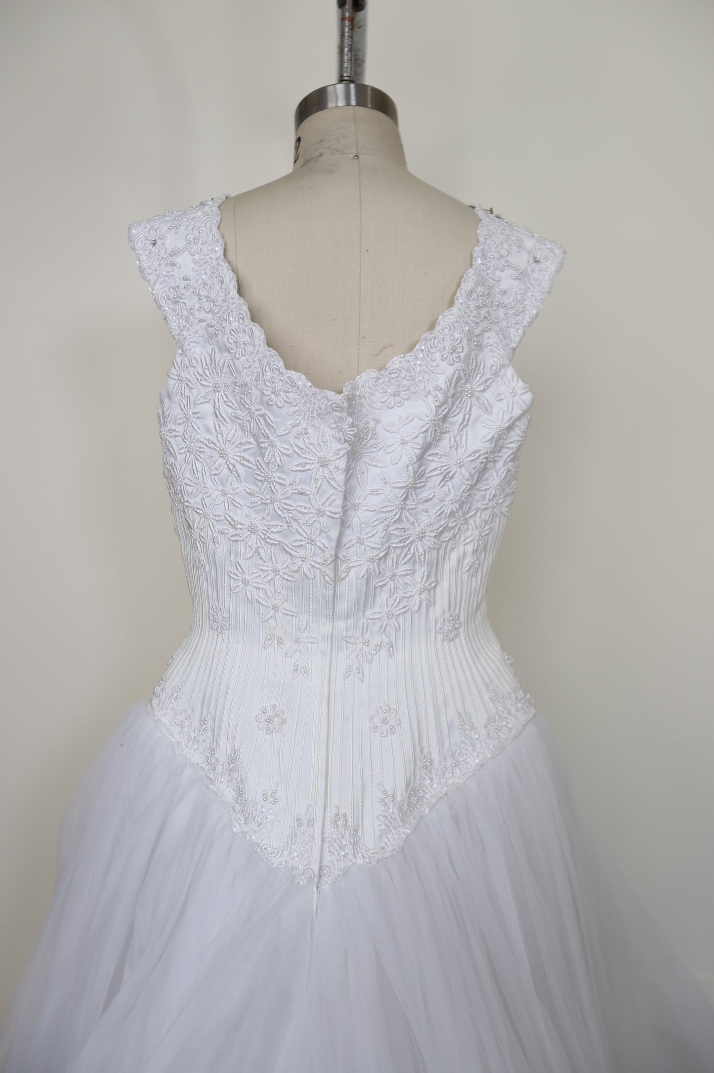 1990's Basque Waist Embroidered Corset Tulle Gown