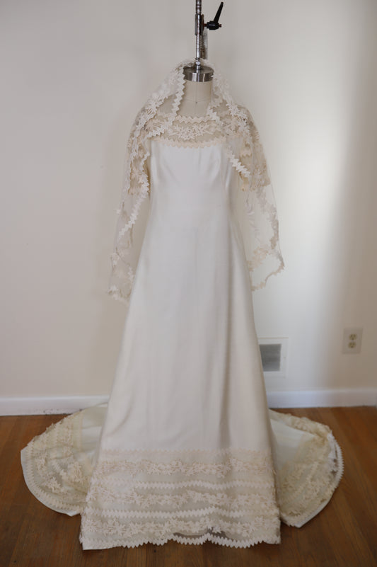 1960's Silk Lace Mesh Accented Gown With Removable Train & Veil