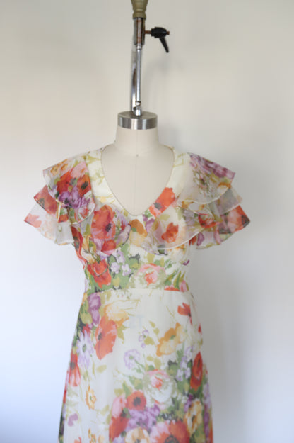 1960s/70s Vintage Handmade Floral Ruffle Tie Back Maxi Dress