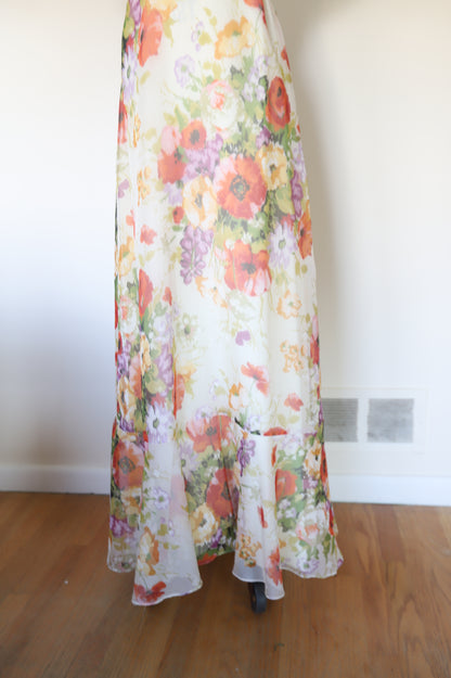 1960s/70s Vintage Handmade Floral Ruffle Tie Back Maxi Dress