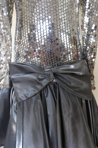 1970s Vintage Studio 54 Long Sleeve Sequin Deep-V Back Drop Hem Tafetta Dress W/Accent Bow