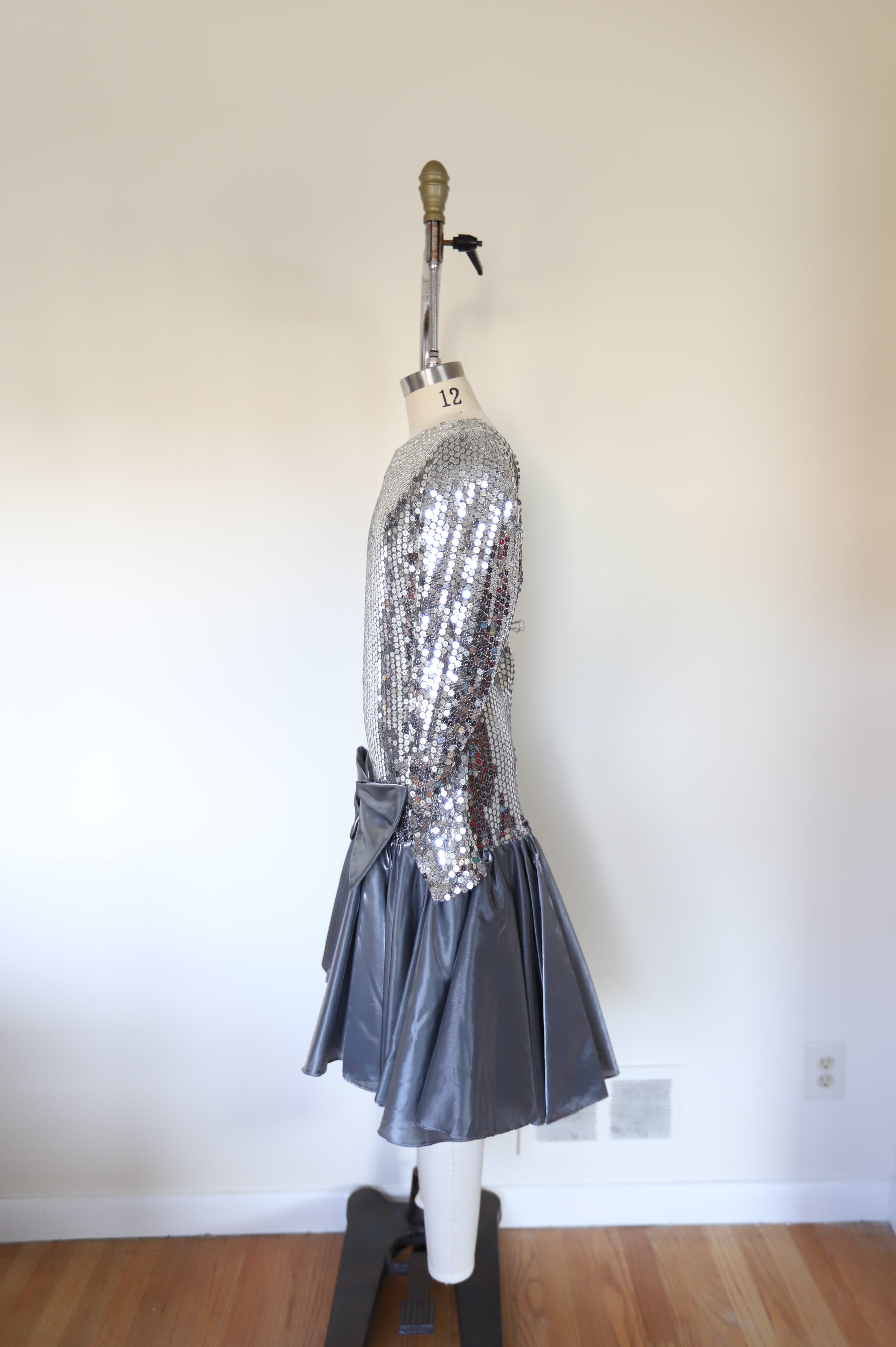1970s Vintage Studio 54 Long Sleeve Sequin Deep-V Back Drop Hem Tafetta Dress W/Accent Bow