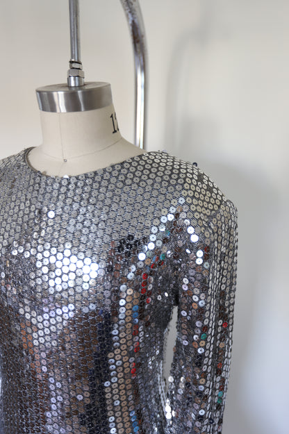 1970s Vintage Studio 54 Long Sleeve Sequin Deep-V Back Drop Hem Tafetta Dress W/Accent Bow