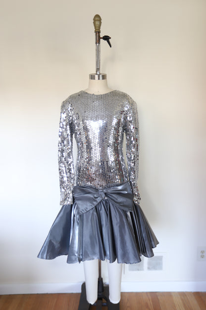 1970s Vintage Studio 54 Long Sleeve Sequin Deep-V Back Drop Hem Tafetta Dress W/Accent Bow