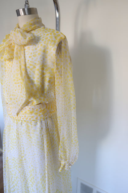 1960s Vintage Polka Dot Chiffon Pussy Bow Long Sleeve Dress