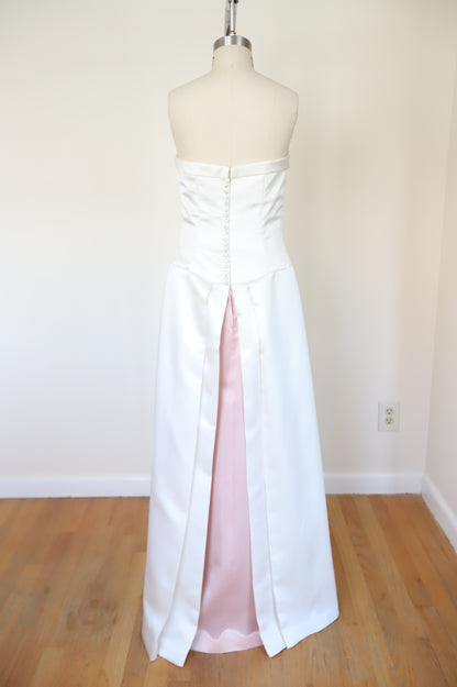 70s Pleated Back Strapless Button Down Bridal Gown