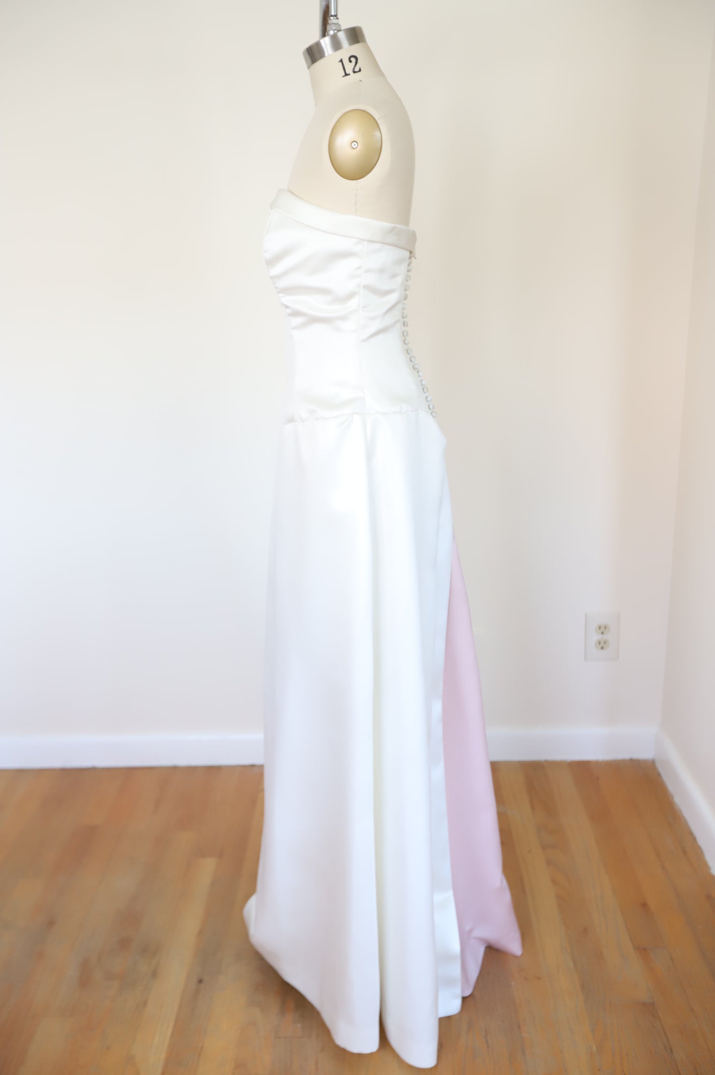 70s Pleated Back Strapless Button Down Bridal Gown