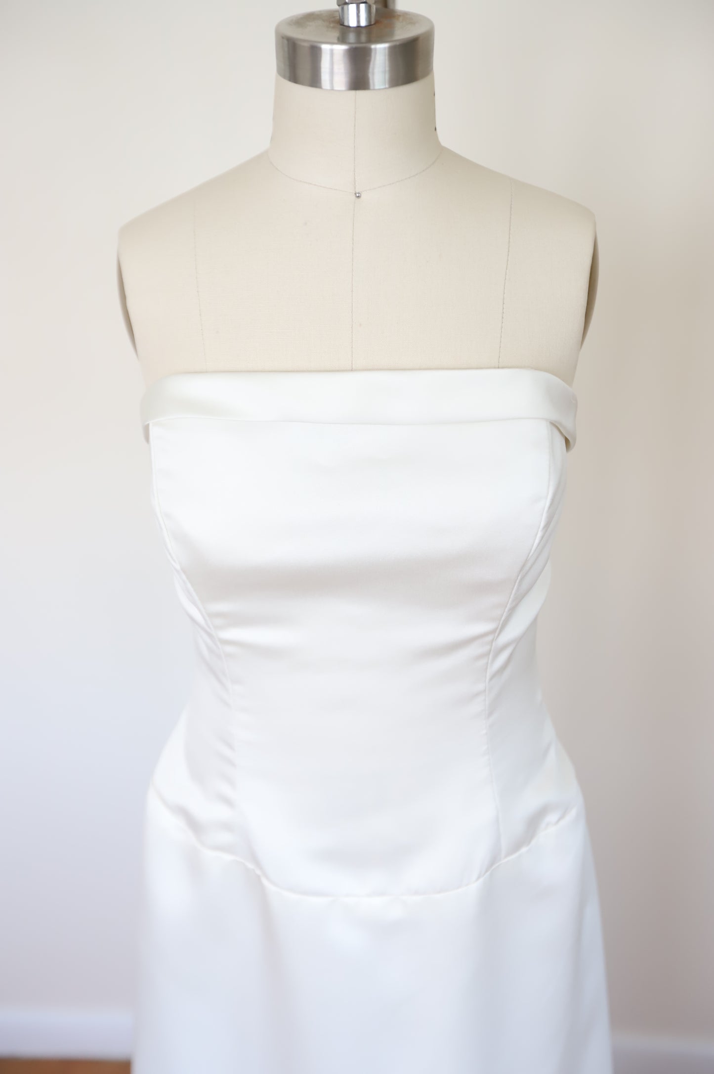 70s Pleated Back Strapless Button Down Bridal Gown