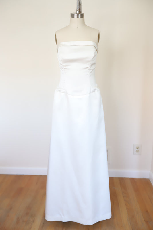 70s Pleated Back Strapless Button Down Bridal Gown