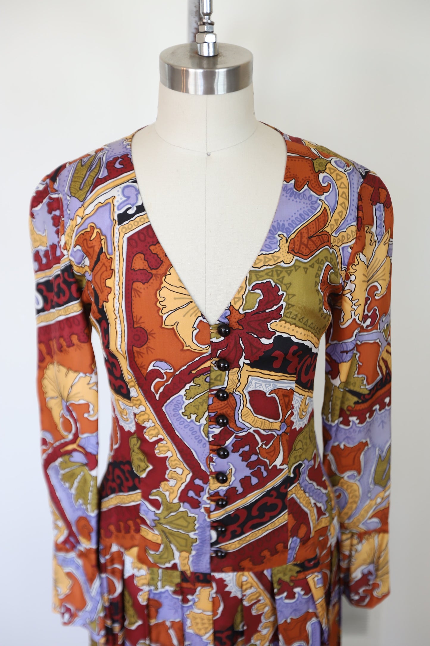1970s Custom Made Printed Button Down Drop Waist Silk Dress