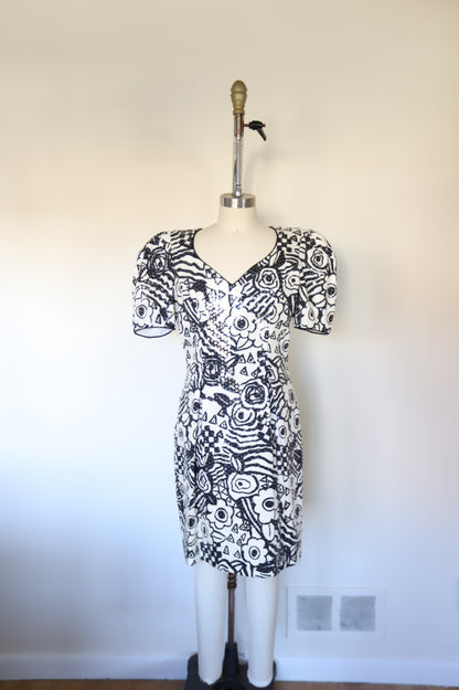 80s Vintage Studio 54 Rock-ability Style Floral/Geo Print Sequin Cut-Out Puff Sleeve Dress