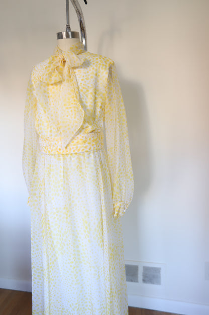 1960s Vintage Polka Dot Chiffon Pussy Bow Long Sleeve Dress