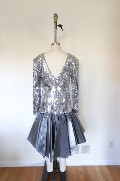 1970s Vintage Studio 54 Long Sleeve Sequin Deep-V Back Drop Hem Tafetta Dress W/Accent Bow