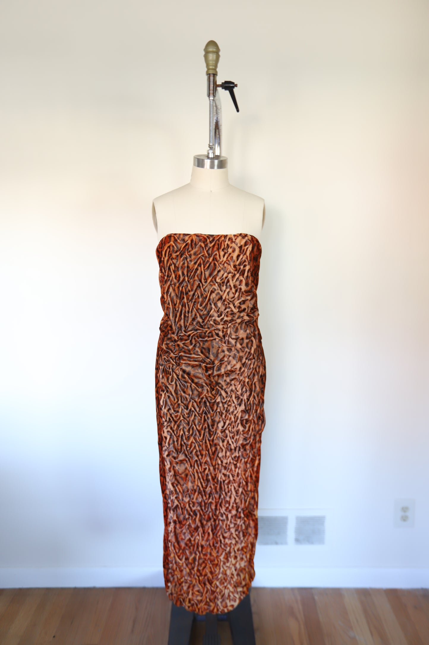 80s Vintage Strapless Studio 54 Ruched Pencil Midi Velvet Cheetah Dress