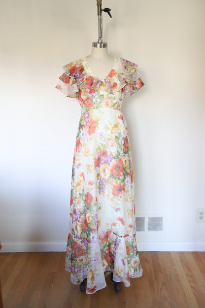 1960s/70s Vintage Handmade Floral Ruffle Tie Back Maxi Dress