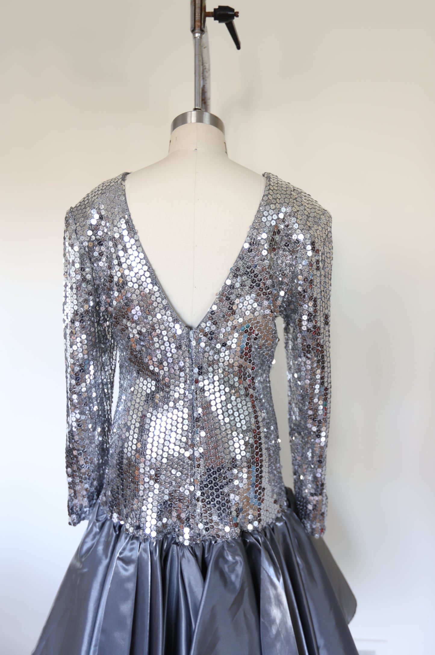 1970s Vintage Studio 54 Long Sleeve Sequin Deep-V Back Drop Hem Tafetta Dress W/Accent Bow