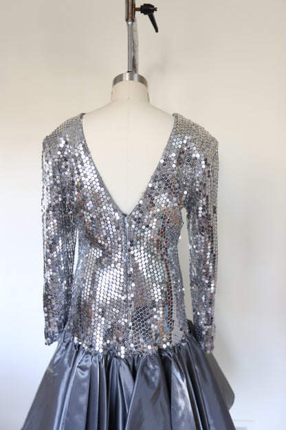 1970s Vintage Studio 54 Long Sleeve Sequin Deep-V Back Drop Hem Tafetta Dress W/Accent Bow