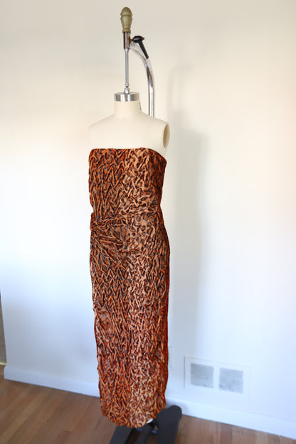 80s Vintage Strapless Studio 54 Ruched Pencil Midi Velvet Cheetah Dress