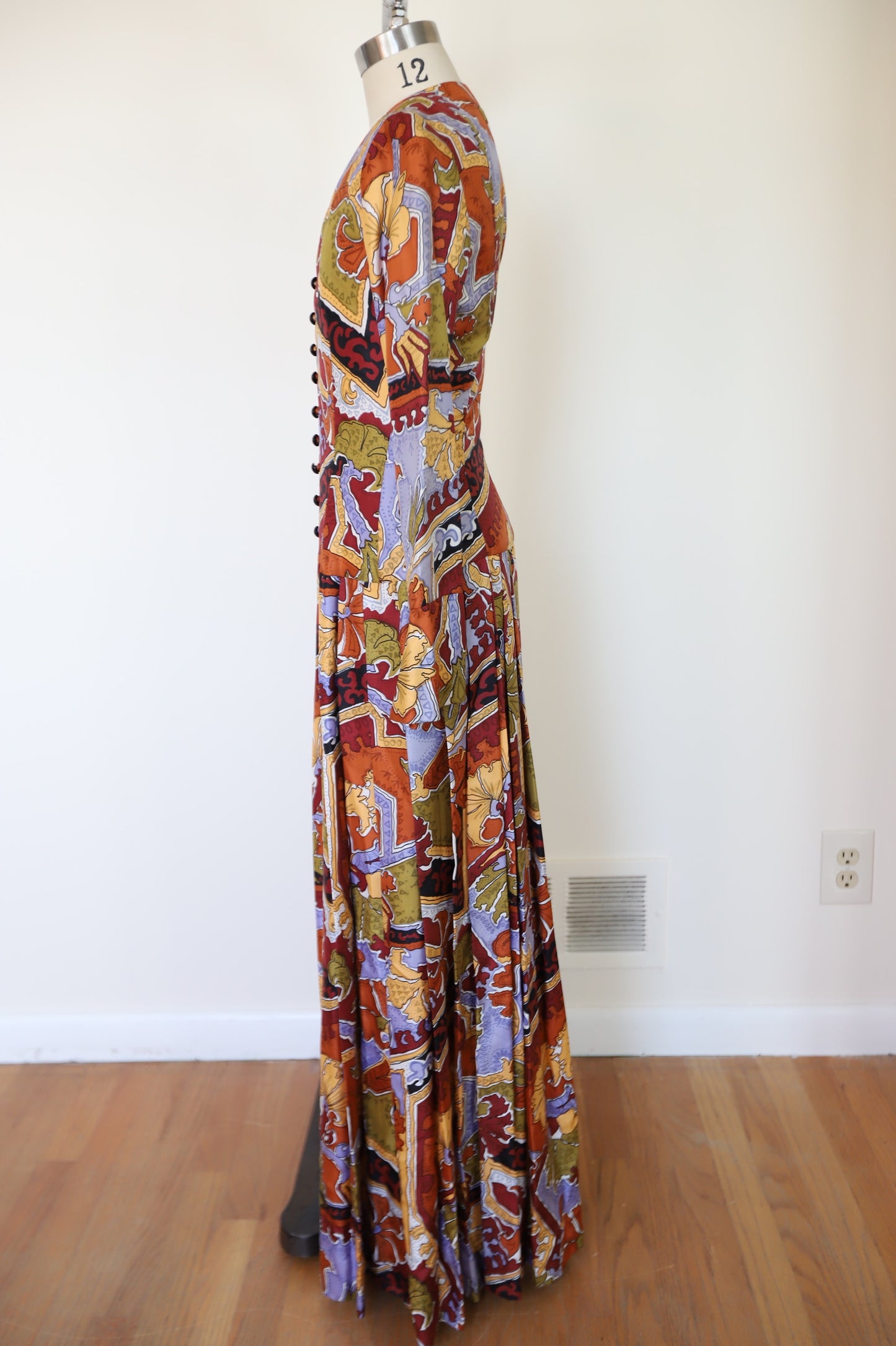 1970s Custom Made Printed Button Down Drop Waist Silk Dress