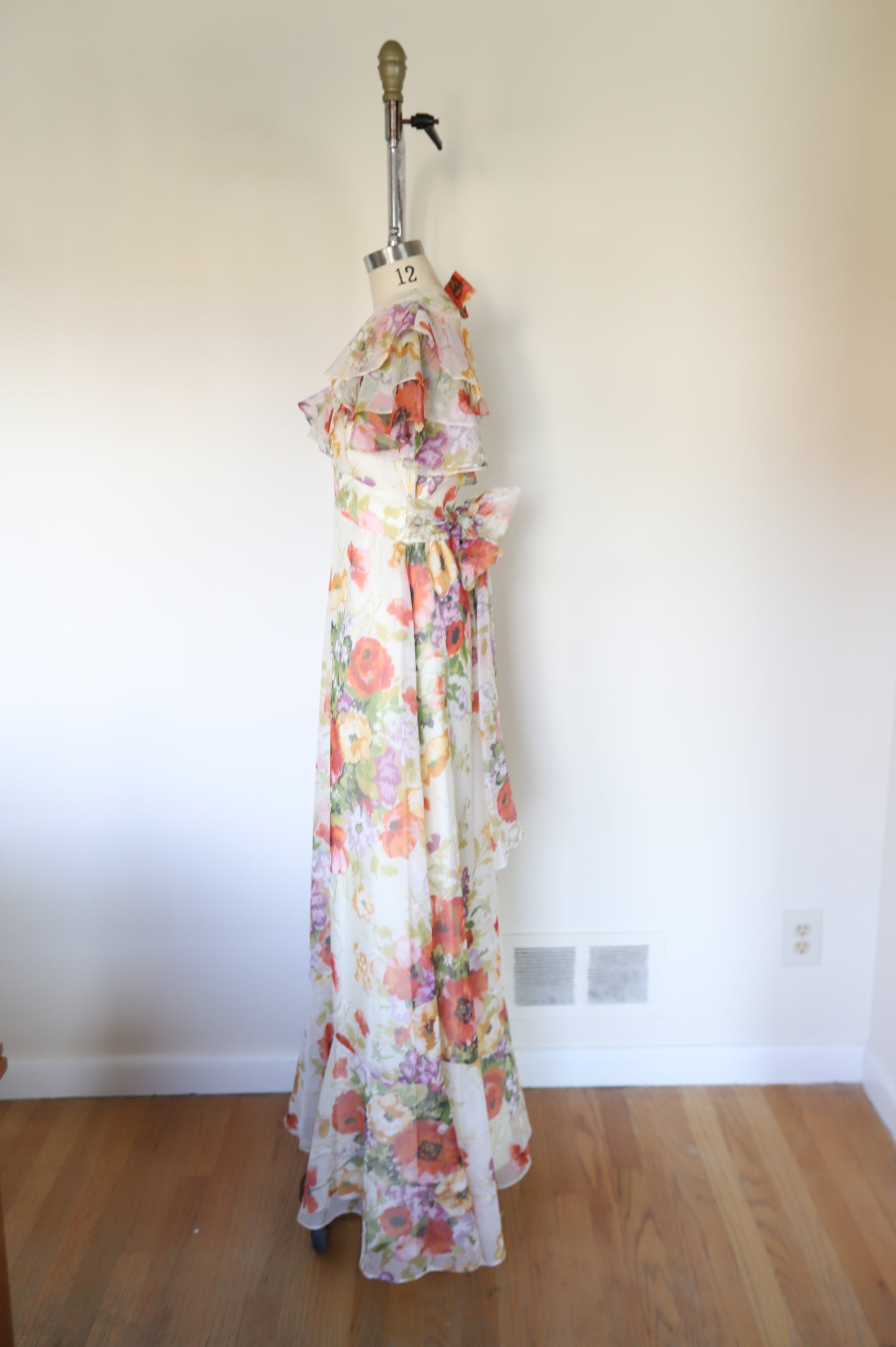 1960s/70s Vintage Handmade Floral Ruffle Tie Back Maxi Dress