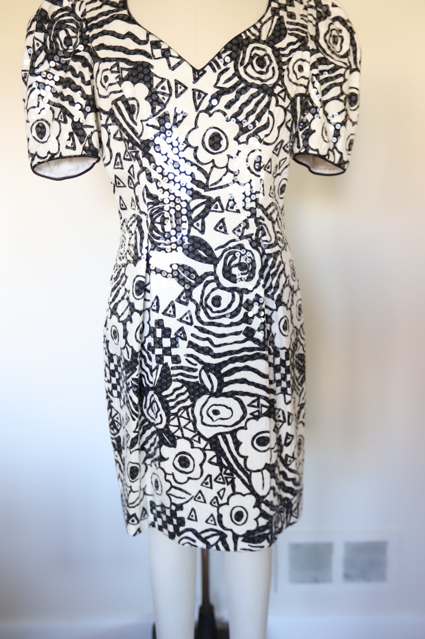 80s Vintage Studio 54 Rock-ability Style Floral/Geo Print Sequin Cut-Out Puff Sleeve Dress