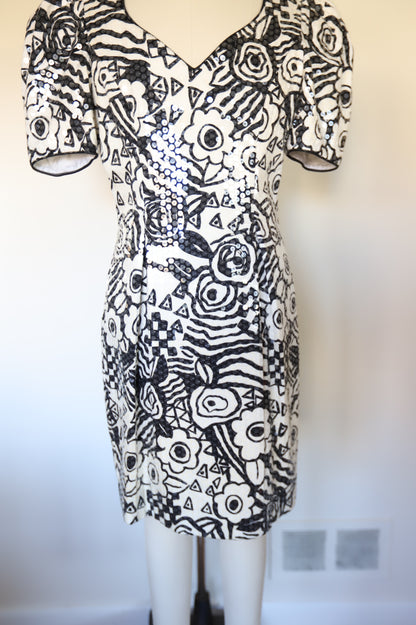 80s Vintage Studio 54 Rock-ability Style Floral/Geo Print Sequin Cut-Out Puff Sleeve Dress