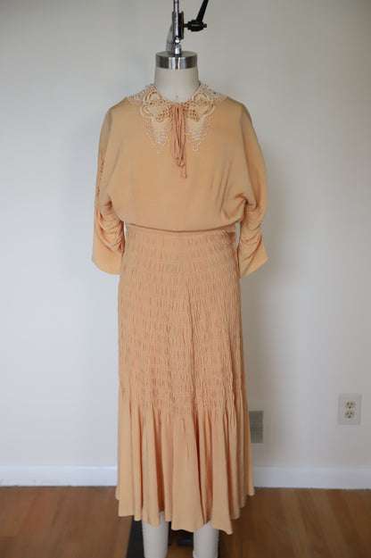 1930s Micro Smocked Waist Rayon Bodice Lace Dress with Crochet Neck (rare)