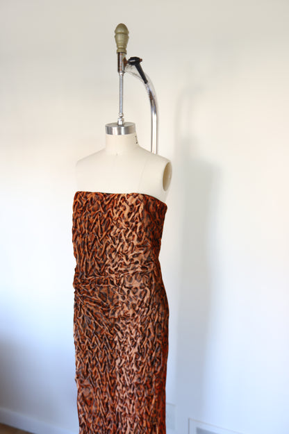 80s Vintage Strapless Studio 54 Ruched Pencil Midi Velvet Cheetah Dress