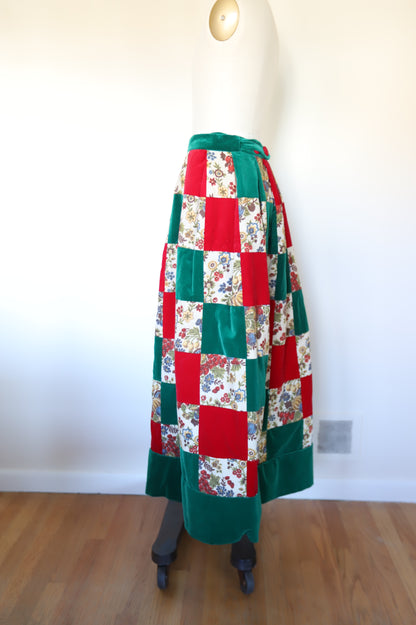 1970s Vintage Velvet Patchwork Christmas Skirt